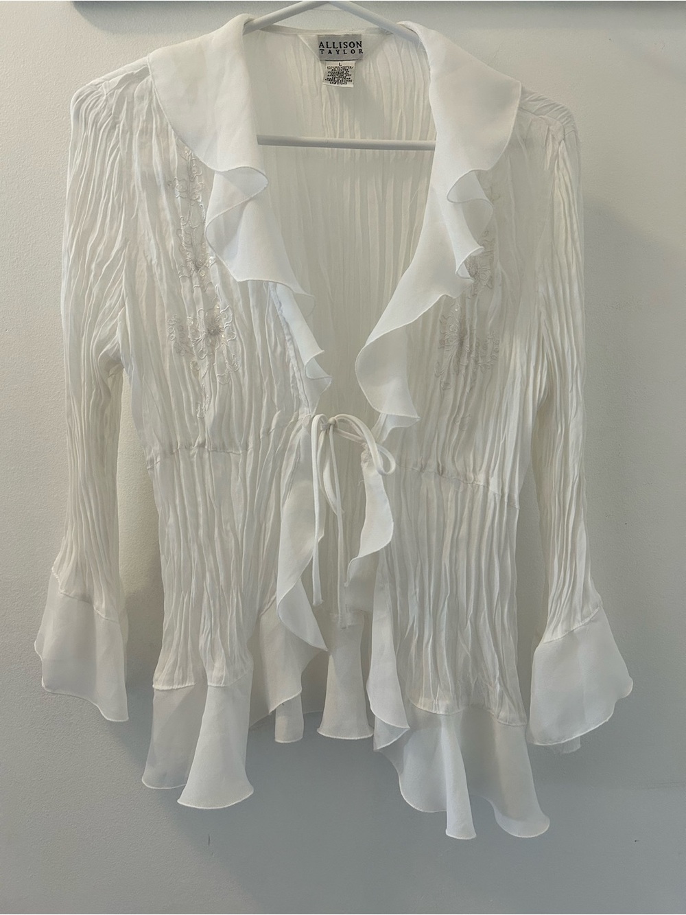Allison Taylor White Ruffle Tie-Front Blouse - size L
